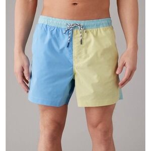 American Eagle Mens Colorblock Swim Trunks Blue Yellow 7” Inseam XL Vacation New